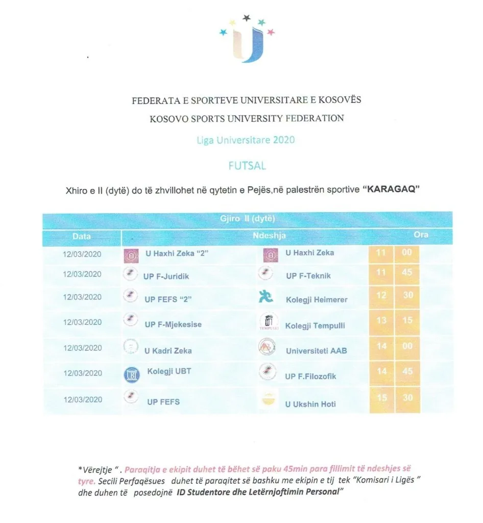Njoftim për xhiron e dytë të Ligës Universitare në sportet Futsal dhe Volejboll