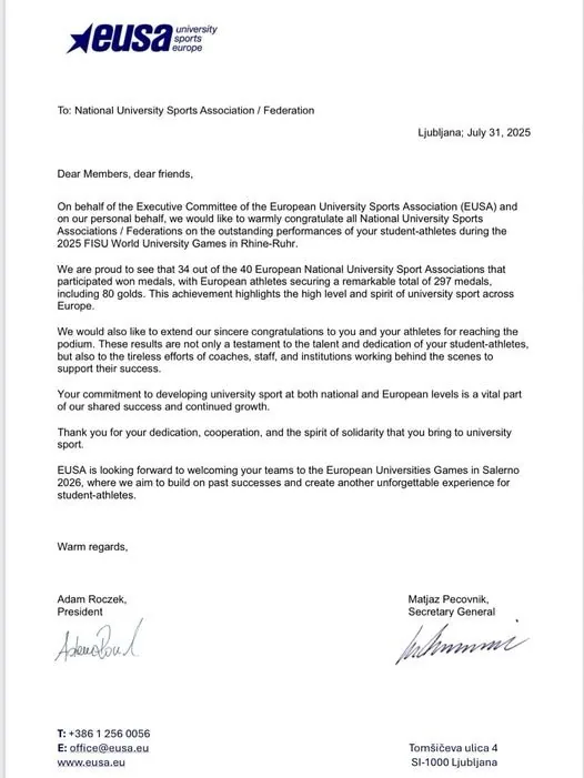 FSUNK përgëzohet nga EUSA për suksesin në Lojërat Botërore Universitare në Gjermani!