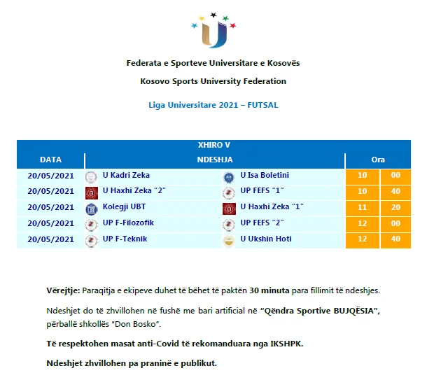 Më datë 20 maj do të zhvillohet xhiroja e V-të në futsal