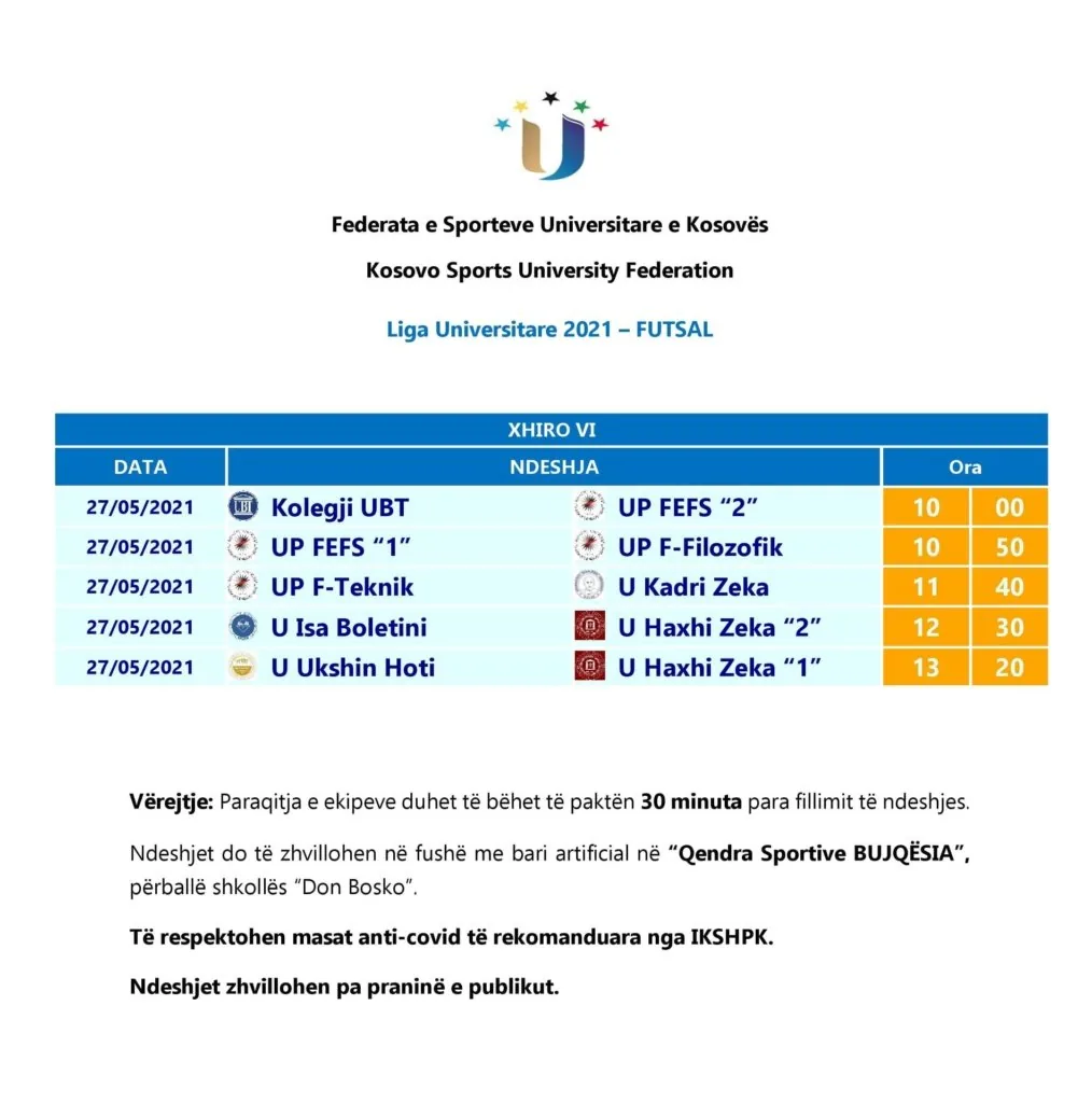 Me 27 maj do të zhvillohet xhiroja e VI-të e Ligës Universitare në Futsal